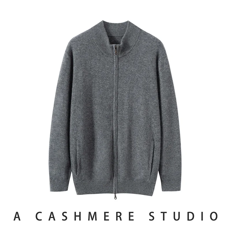 Nowy męski kardigan z dzianiny z kaszmirem 100%, z golfem, zapinany na podwójny zamek, jednolity kolor, z kieszeniami, ciepły płaszcz, kolekcja Jesień-Zima 25.