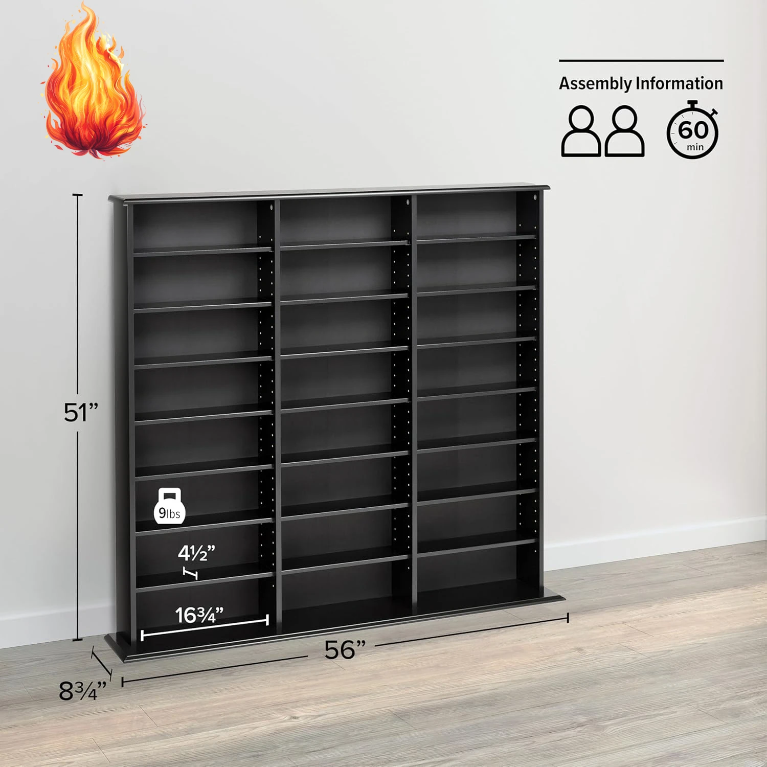 خزانة تخزين الوسائط الطويلة ذات 3 أعمدة، خزانة تخزين سوداء، خزانة عرض، منظم تخزين الوسائط المتعددة للأقراص المضغوطة والأقراص المضغوطة والأقراص المغلقة