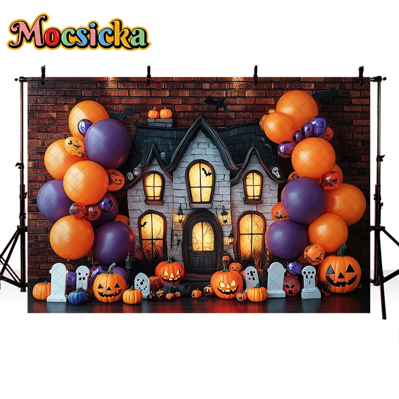 Mocsicka Halloween Backdrops Pumpkin Lantern Evening House Kids Photography Props Cemetery Moon Child Adult Festival Background