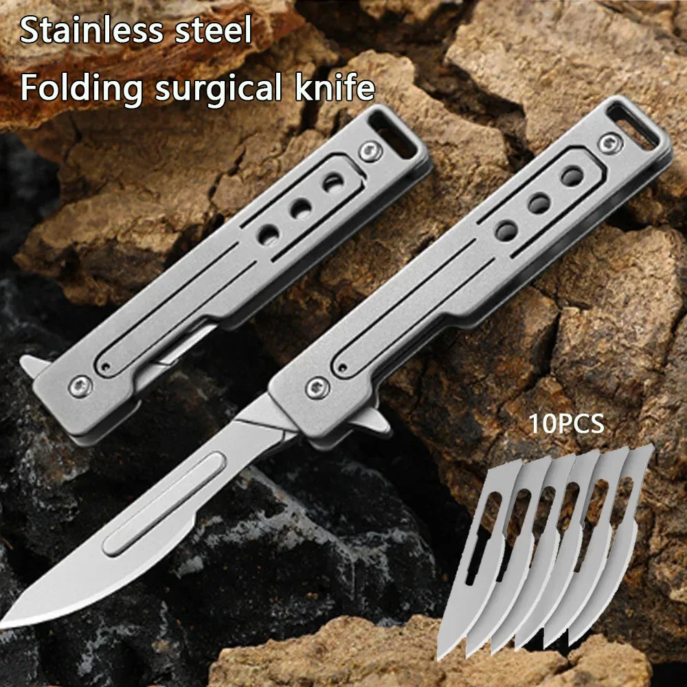 

Stainless Steel Folding Surgical Knife EDC Unboxing Pocket Knife Outdoor Camping Knife, with 10 Replaceable Blades