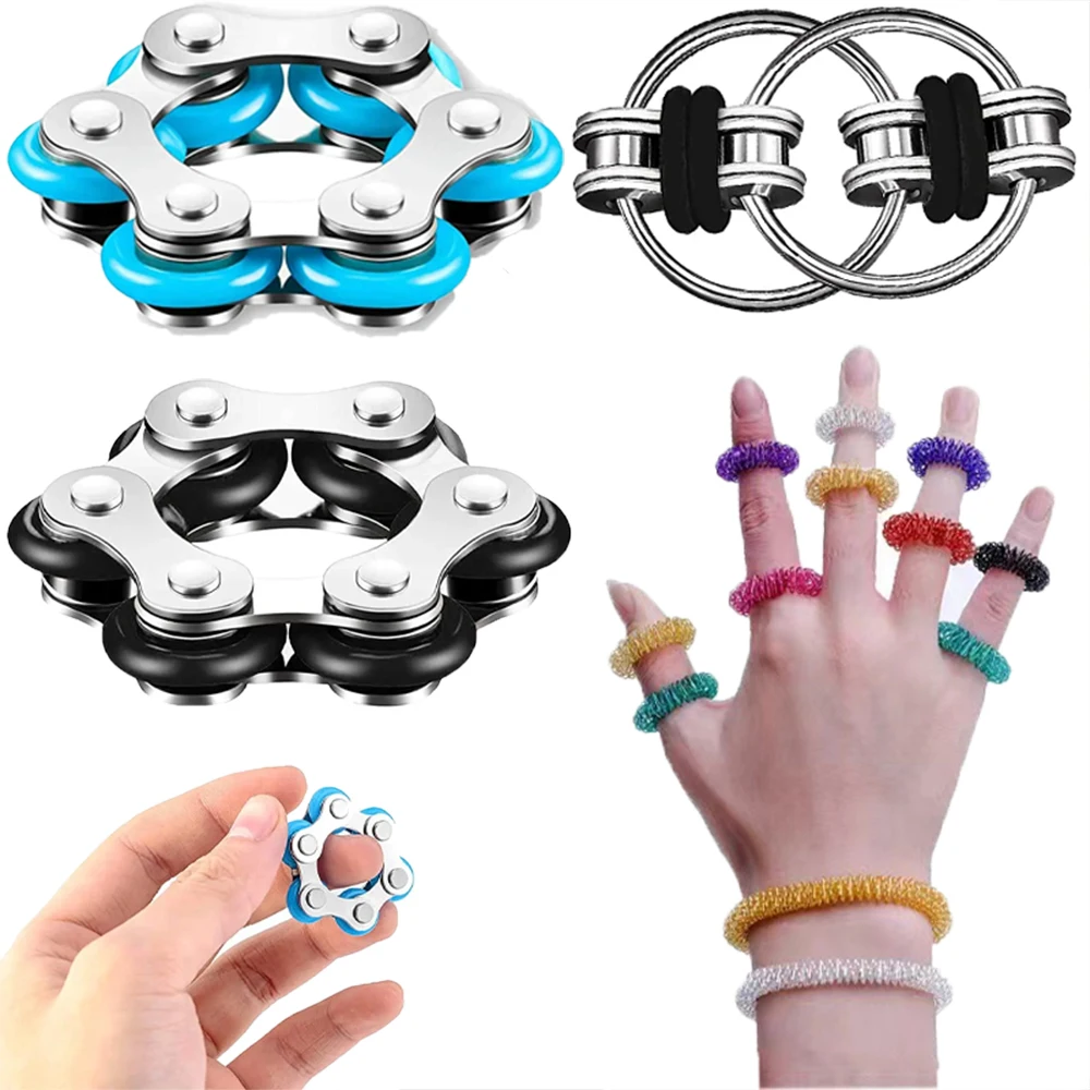 

INS Bike Chain Fidget Toys Set- Six Roller Chain & Key Flippy & Mini Spring Party Wedding Gift Novelty Anxiety Relief Autism Toy