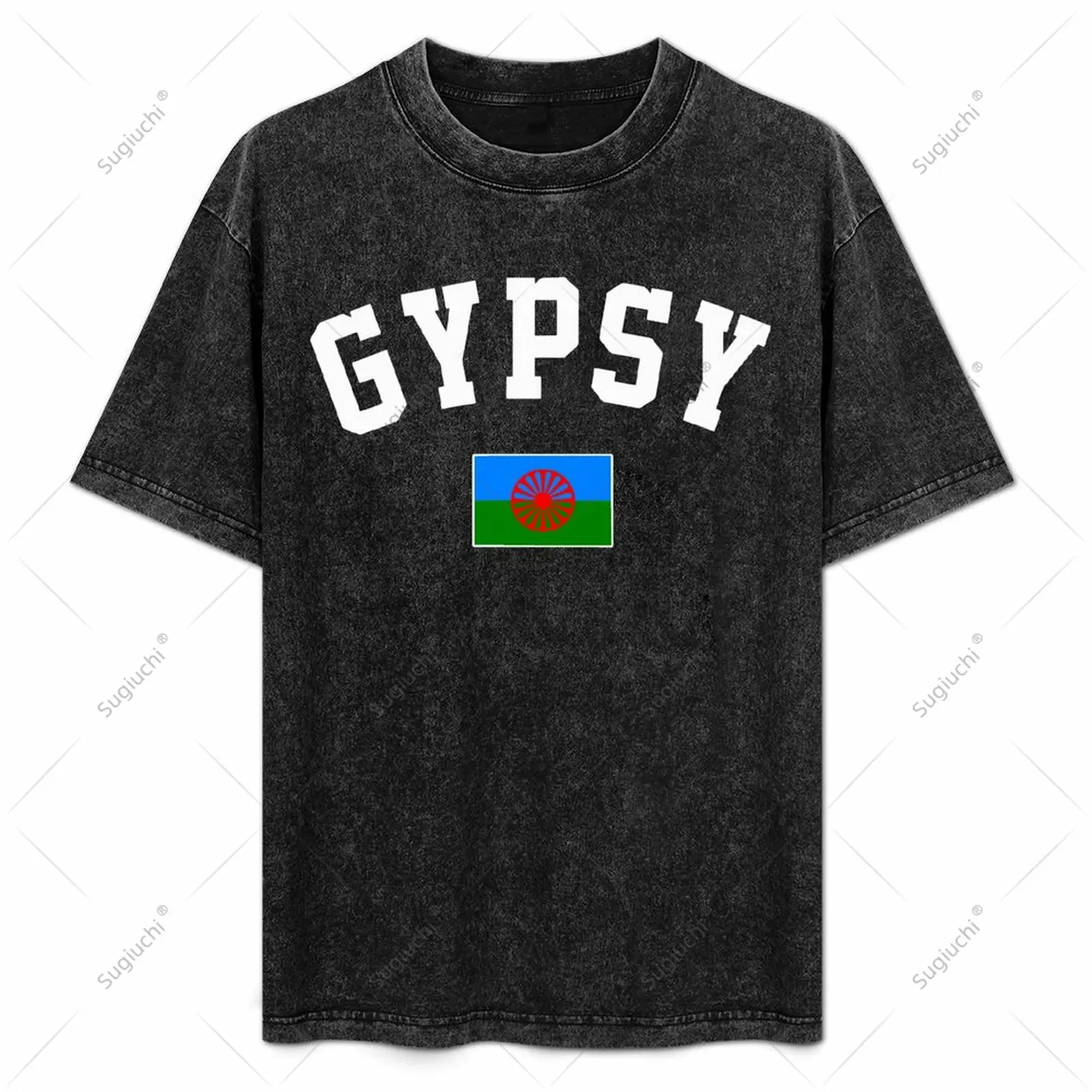 Camiseta Unisex para hombre, camiseta gitana con bandera de Romani, camisetas de algodón, camiseta de manga corta con hombros descubiertos y lavado Vintage