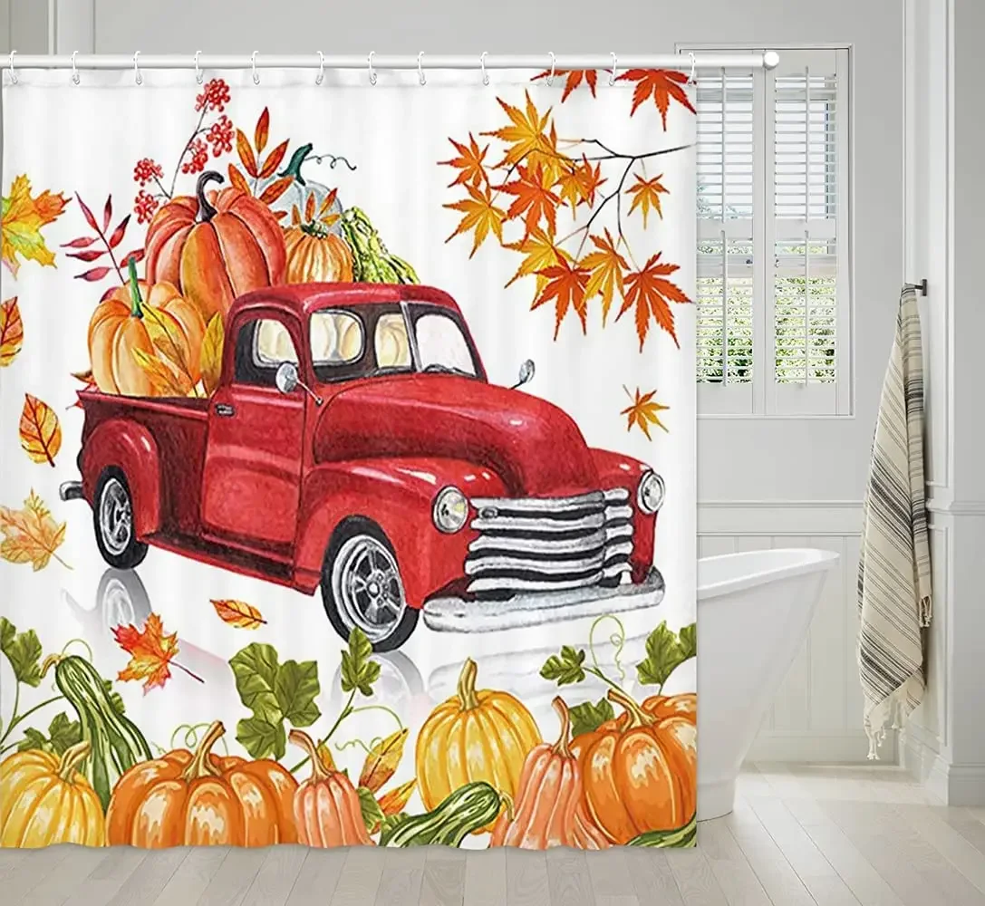 Fall Shower Curtain Farm Red Truck Watercolor Orange Pumpkin Plant Maple Leaf Harvest Festival Bathroom Decor Polyester Cloth