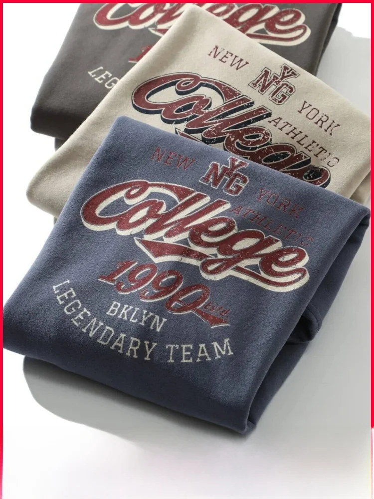 

Мужская толстовка с длинным рукавом и круглым вырезом в стиле ретро с американским принтом, теплая, модная, из смесового хлопка и полиэстера, осенняя новинка