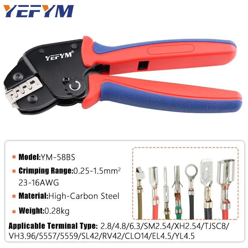 Crimping Mini Pliers YM for XH2.54/DuPont/2.8/4.8/6.3/Non-Insulated/Ferrule Tube Terminals Ratchet 175mm Crimper Tools YM-58BS