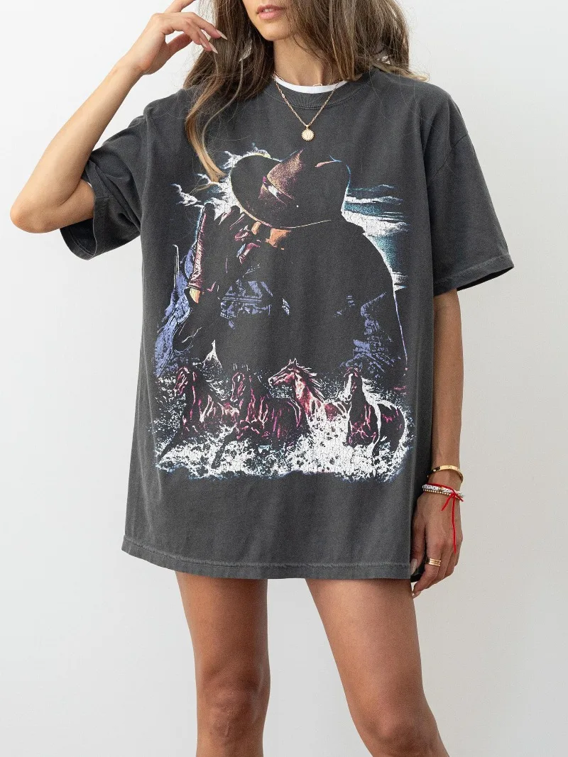 Vintage Cowboy Graphic T-Shirt 90s Distressed Horse Shirt Retro Western Tee Horse Lover Gift Equestrian Shirt