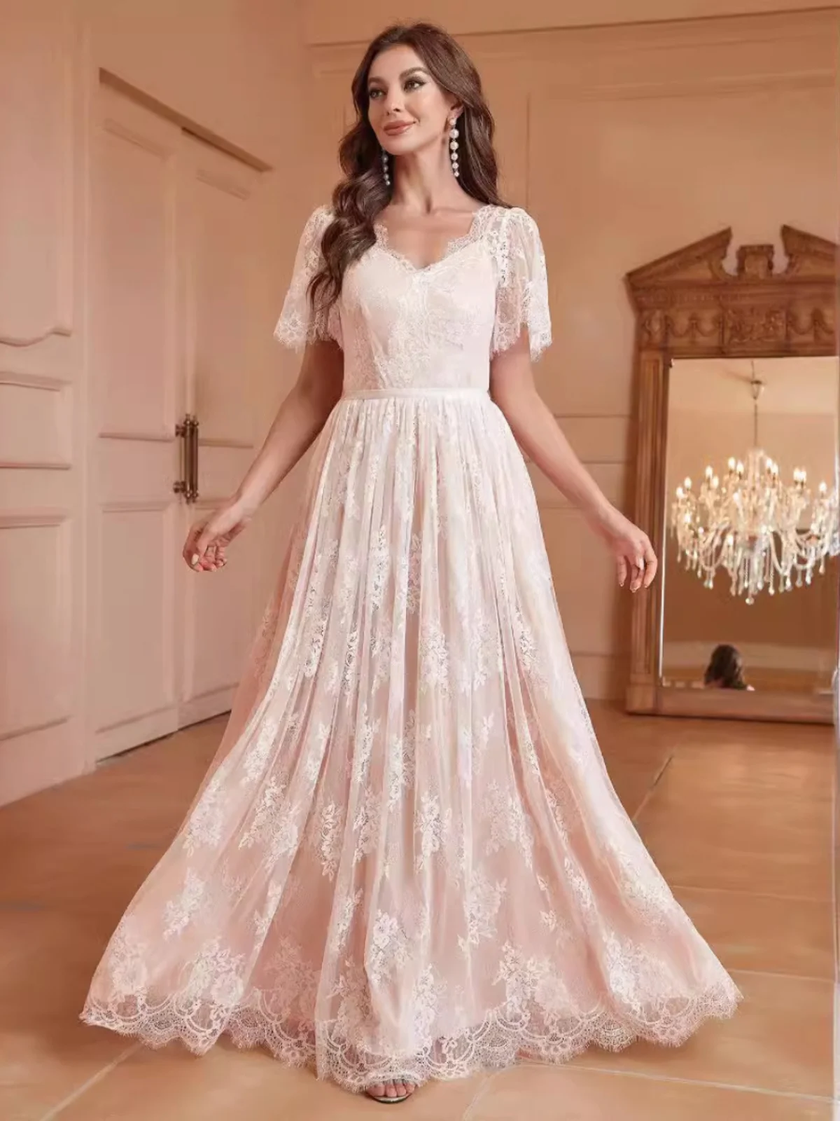 

Ele White Pink Lace Wedding Dr Original Women's Dr with Inner ort Sve Long Skirt for Par Performance