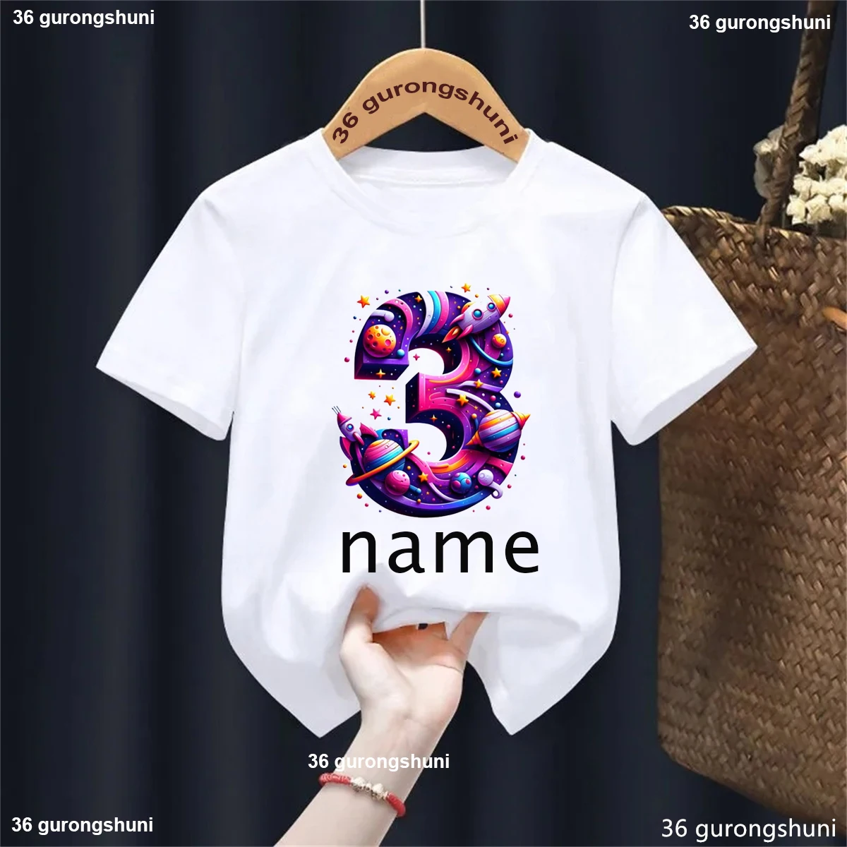 

Kawaii Kids Clothes Custom Name 3th Birthday Gift Printed T Shirt Girls/Boys Astronaut Spacecraft Planet Tshirt Solid T-Shirt