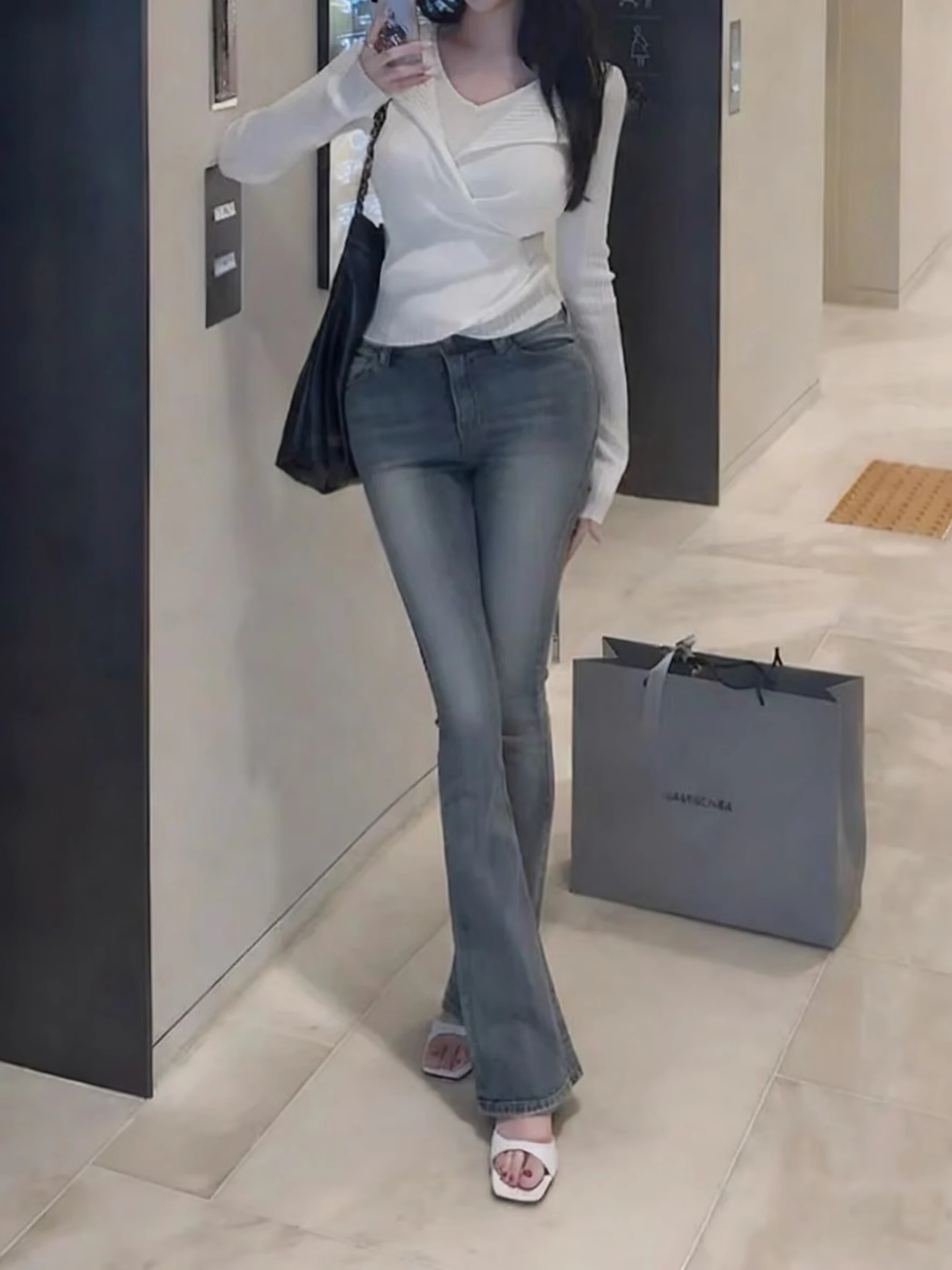 

Fall New Sle Slimming Bell Bot Denim Jeans Retro High Waist Cotton Stretch Women's Premium Quali Faion Blogger Approved