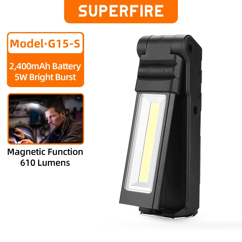 SUPERFIRE G15/S LED-Taschenlampe + COB-Arbeitsleuchte mit magnetischem wiederaufladbarem USB-Akku-Set, multifunktionale faltbare Taschenlampe