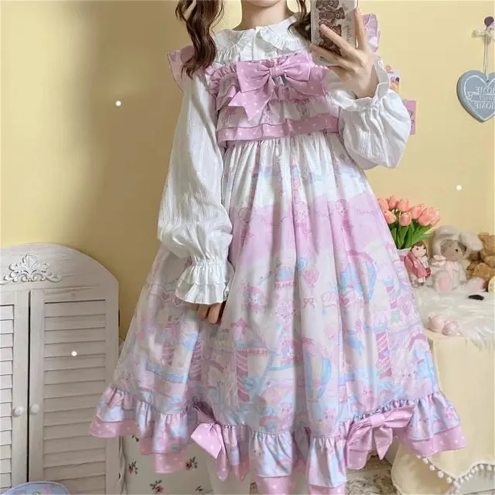 Parco divertimenti per ragazze giapponesi stampa White Wave Dot Bowknot dolce Lolita Dress Kawaii Girls Spring Vestidos Cosplay Lolita Jsk