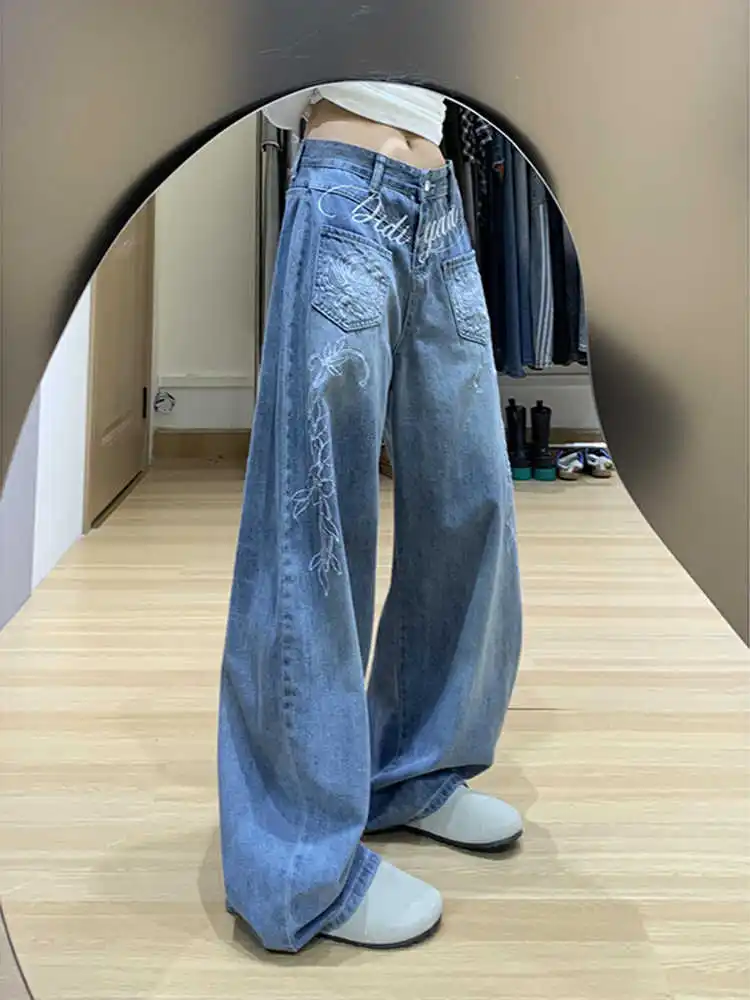 

Rose Letter Embroidered Jeans Washed and Distressed Design Pants Men Women Plus Size Straight Leg Pants