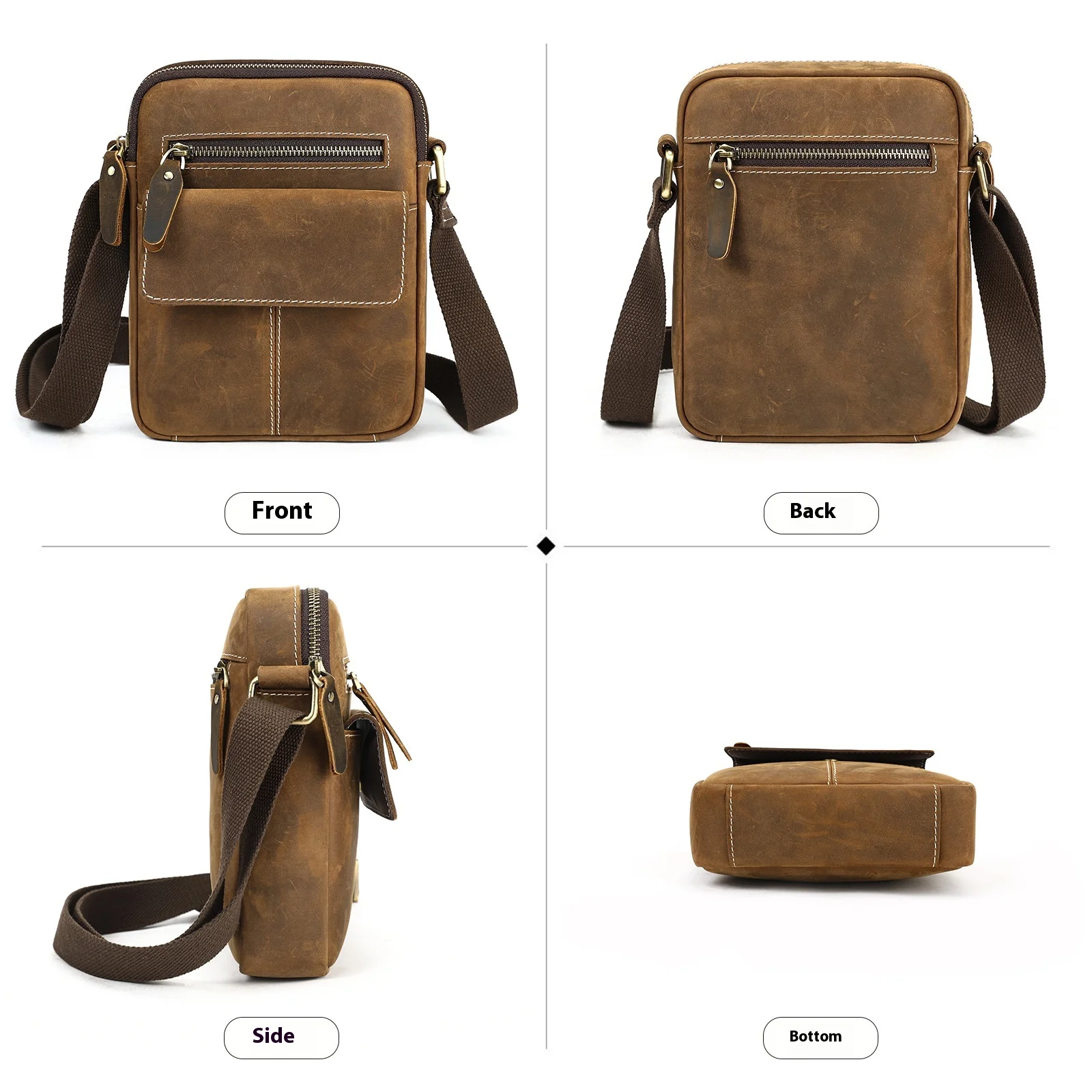 Bolsa crossbody de couro genuíno para homens – Bolsa mensageiro clássica vintage, couro de cavalo louco, ideal para uso externo e casual