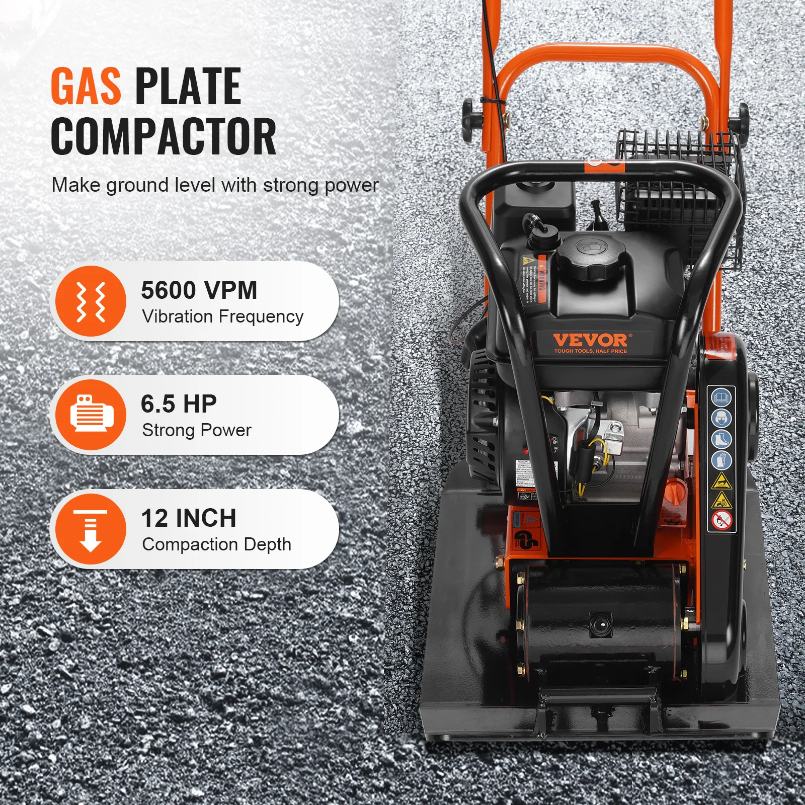 VEVOR-Compactador De Placa De Gasolina, Força Vibratória, Tamper para Passarelas, Pátio, Asfaltos, Pavimentadora, Paisagismo, 2.8 HP, 6.5 HP