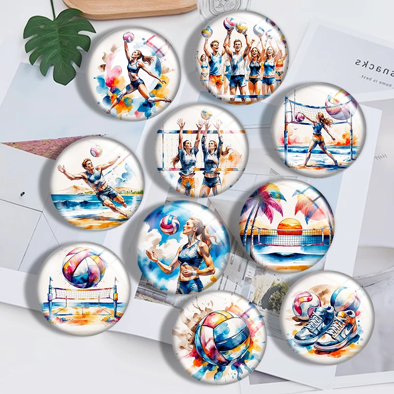 MerWatercolor Beach Volley 10pcs 12mm14mm/16mm/18mm/20mm/25mm Round Photo Glass Cabochon Demo Flat Back Making Findings Jewelry