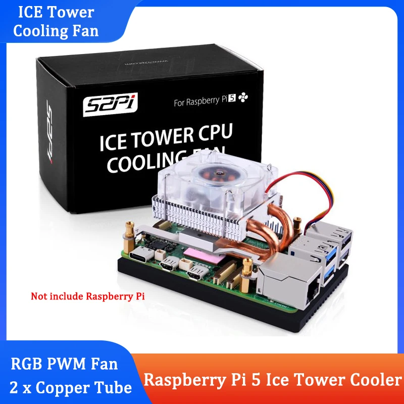 Raspberry Pi 5 Ice Tower CPU ventola di raffreddamento RGB LED Light tubo di rame aletta in alluminio 5mm tipo a basso profilo per RPI 5