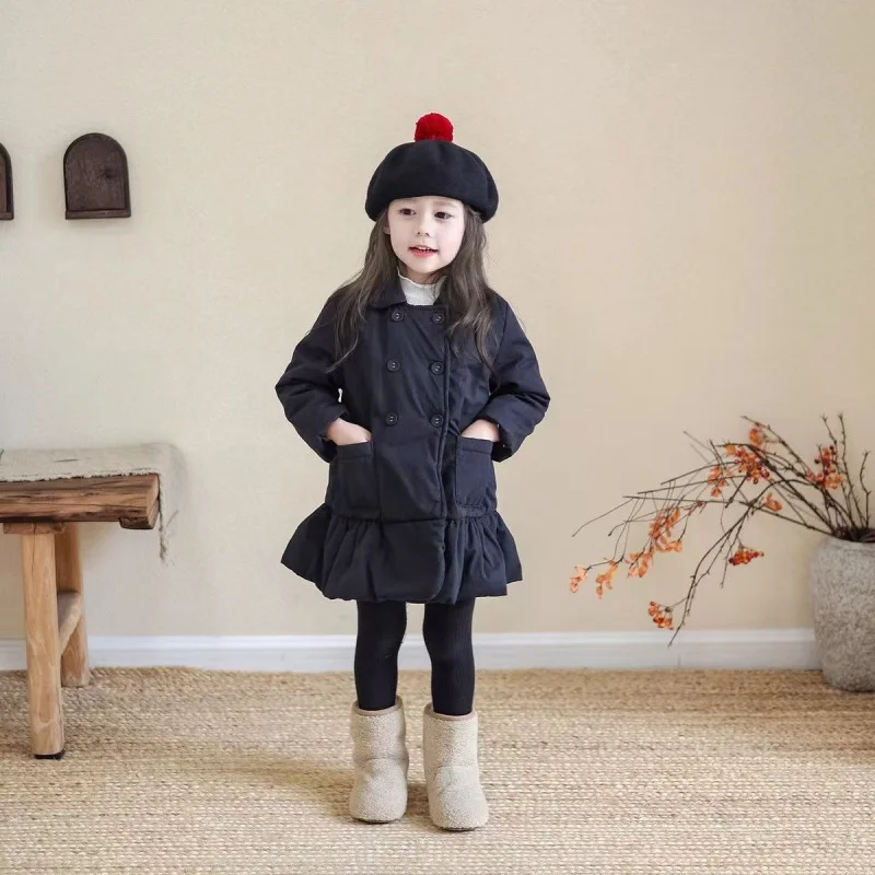 

Sweet girl's new mid length jacket for autumn and winter, children's cotton double breasted ruffle edge cotton jacket