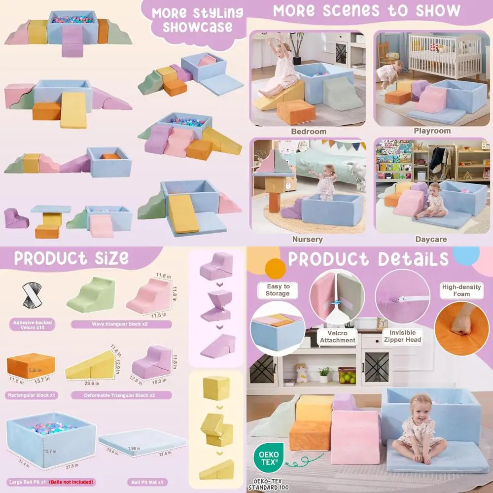 Toddler Foam Climbing Blocks Set with Ball Pit, Soft Indoor Play Structure, Macaron Color (Balls Not Included)