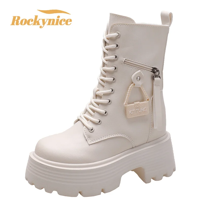 New 2023 Autumn Platform Mid-calf Boots 9CM High Heels Women Thick Sole Winter Leather Punk Shoes Chunky Motorcycle Boots Woman