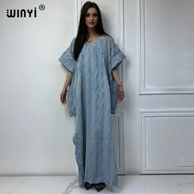 WINYI Original Cotton hole washing denim V-neck dress Fashion Africa Womens party holiday Casual Short Sleeve Maxi beach dress