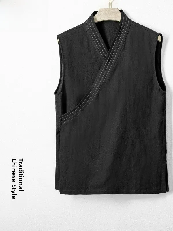 

Chinese Sle Cotton Linen Traditional Svel Vest irt Retro Oblique Collar Hanfu Tea Costume Sle Men's Casual Top