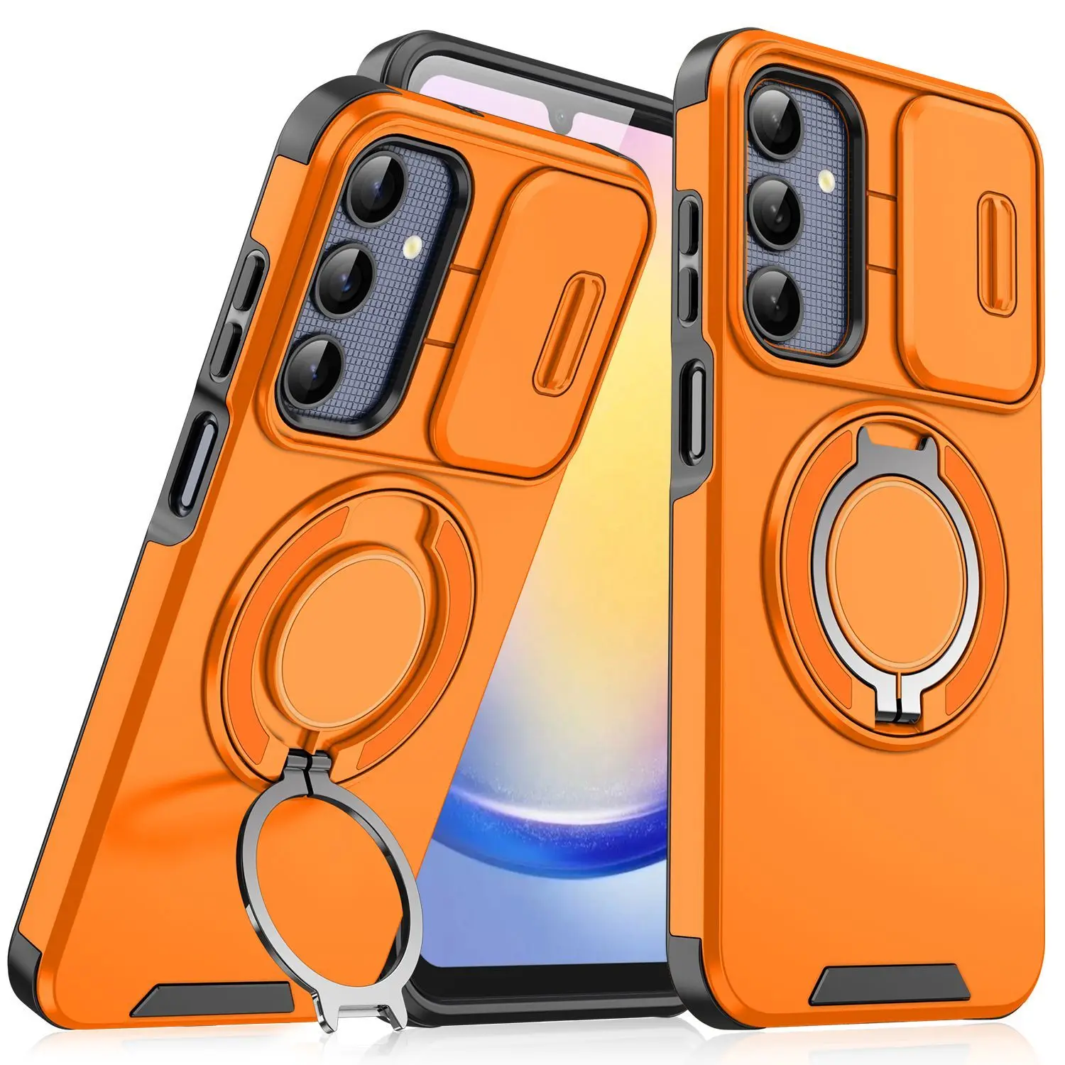 Sliding Camera Lens Protection Armor Phone Case For Samsung Galaxy S23 FE 360°Rotate Ring Holder Kickstand Shockproof Back Cover