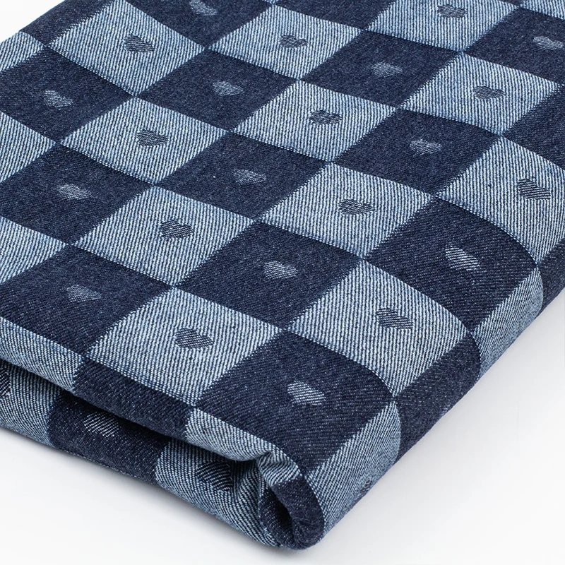 Pure Cotton Jacquard Denim Fabric Blue Checkerboard Grid Thickened Wash Pants Coat Bag Diy Clothing Design Cloth Fashion Sewing