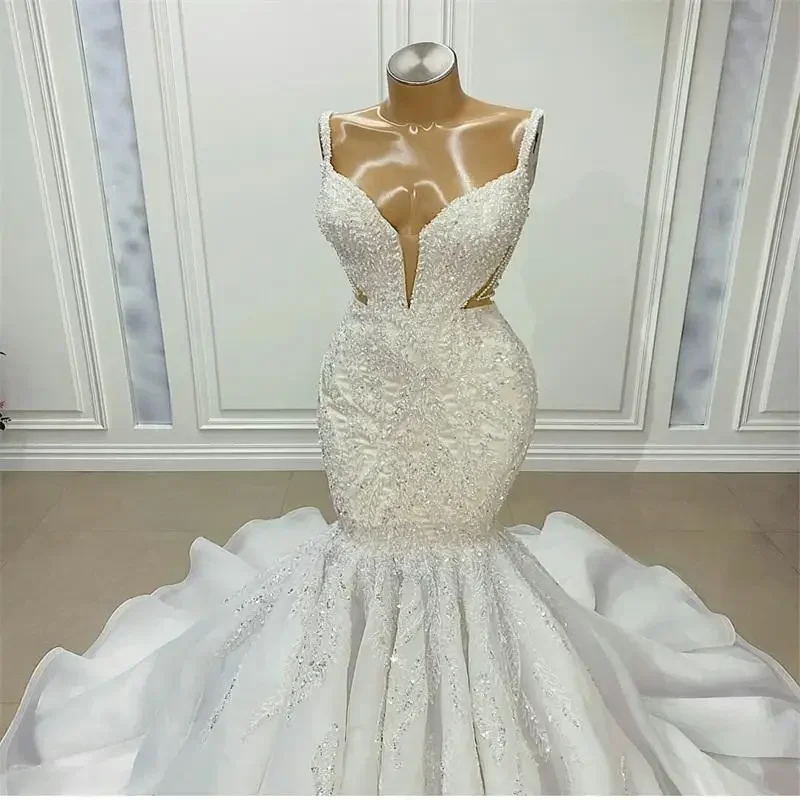 Vestido De novia personalizado con tirantes finos, cuentas De encaje, bata De boda, tren De barrido, vestidos De novia De sirena con lado dividido