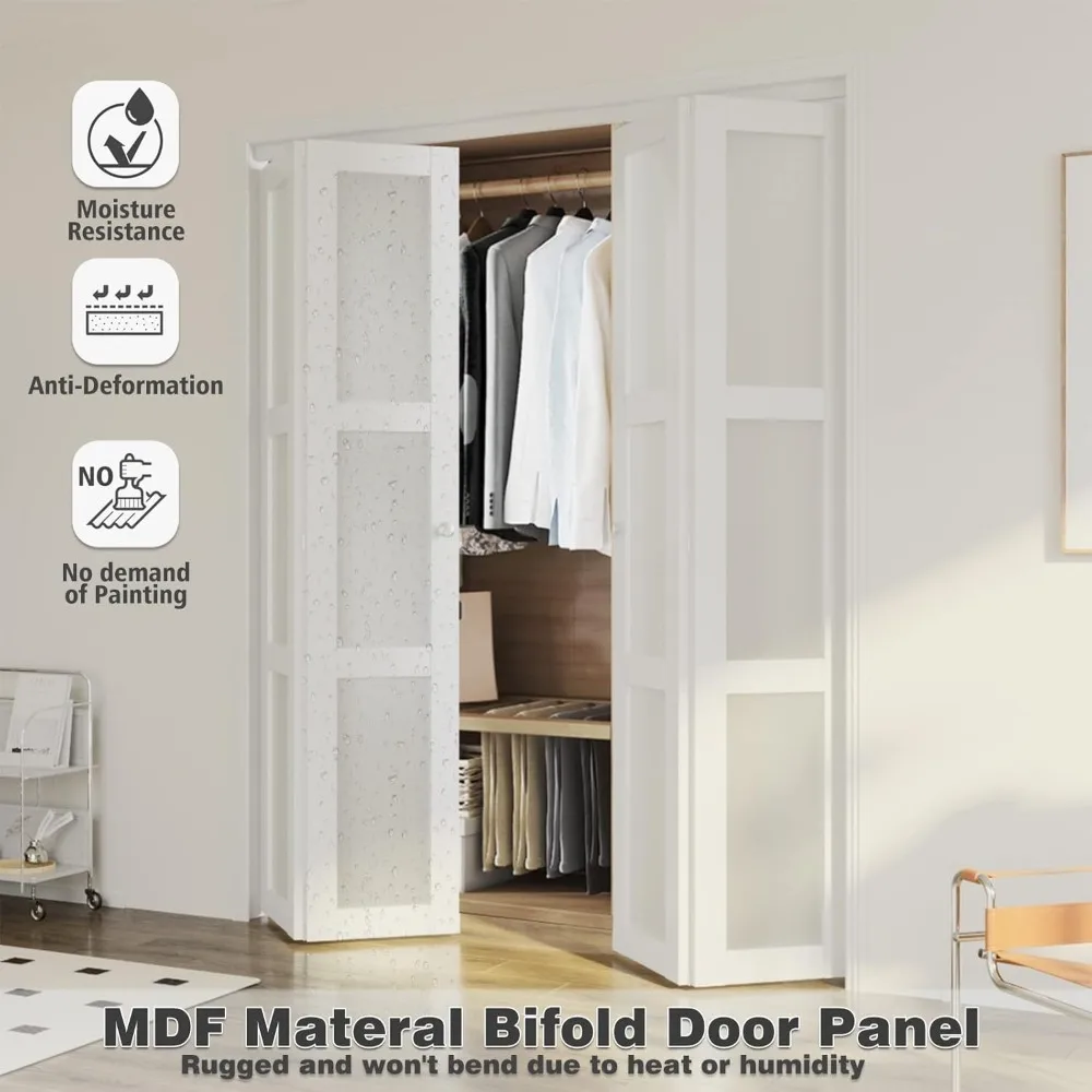 Puerta plegable, puerta de armario de vidrio esmerilado de 3 paneles, para puertas dobles de 72 "× 80" de 36 "* 80", adecuada para armarios e interiores, puerta plegable