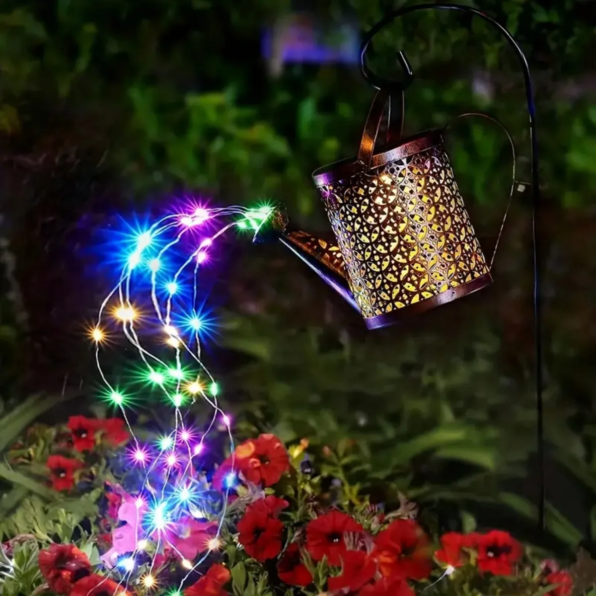 1pc Solar Watering Can With Colorful Lights Outdoor Waterproof Hanging Solar Lantern Retro Metal Atmosphere Solar Lamp