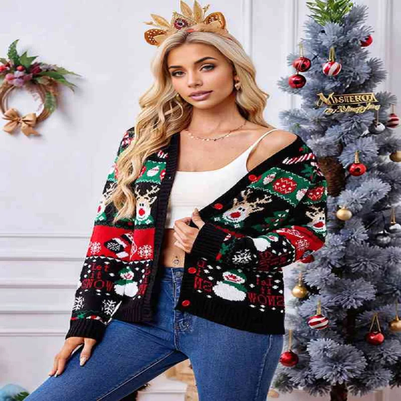 

2025 Women's Christmas Knit Cardigan Sweater V-Neck Embroidered Casual Coats New Female Knitwear Clothing Autumn Winter Clothes