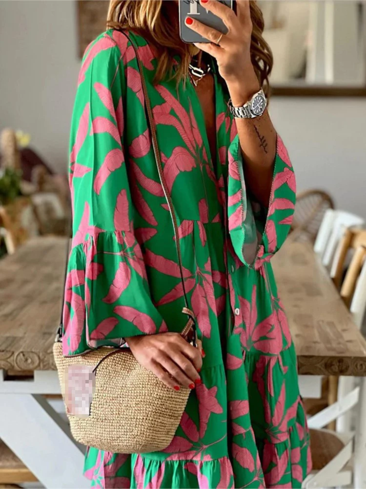 Herfst Boho Vakantie Shirt Jurken Voor Vrouwen Sexy V-hals Flare Mouw Elegante Ruches Print Jurk Lente Casual Losse Jurk