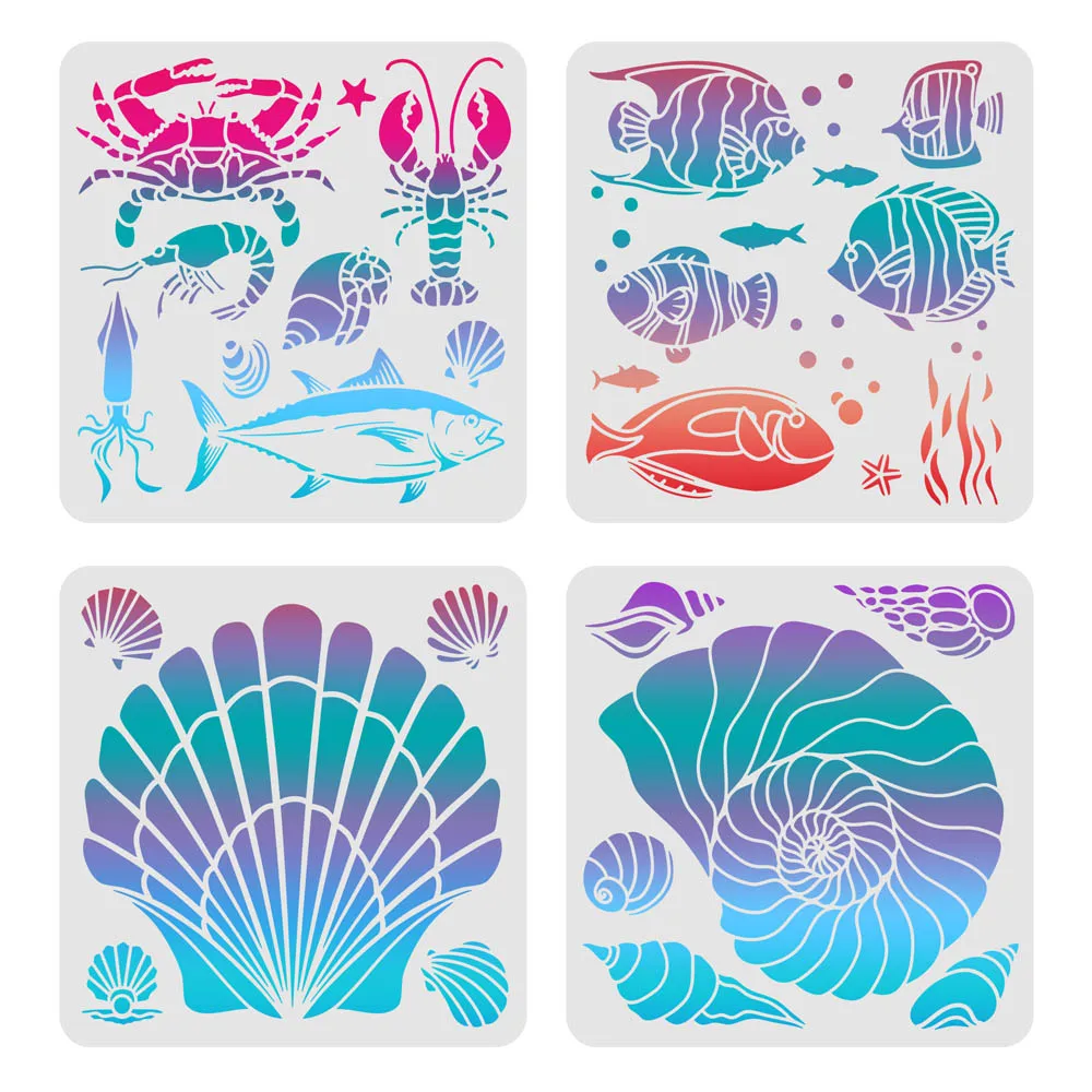 Sea Animal Stencil Fish Shrimp Crab Octopus Conch Shells Drawing Stencil Sea Creatures Stencil for Paint on Wood Paper Fabric