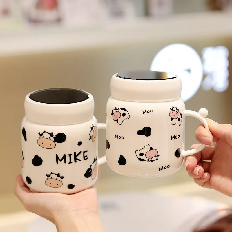 Cartoon Cow Mirror Mug Cute Cow Spotted Ceramic Water Bottle with Handle Couple Kawaii Student Drink Milk Cup Office Gift