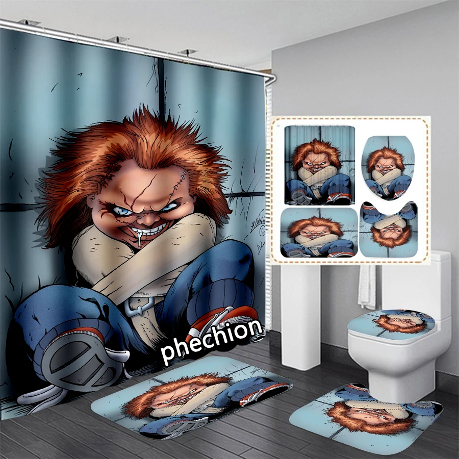 phechion New Fashion 3D Print Horror Chucky Shower Curtain Waterproof Bathroom Curtain Anti-slip Bath Mat Set Toilet Rugs VR267