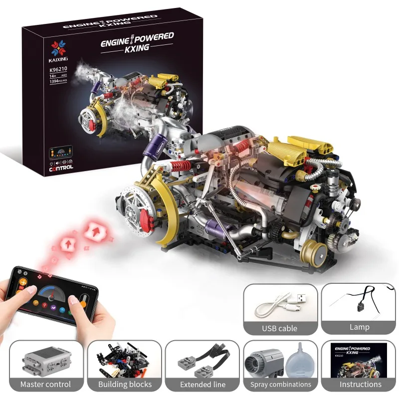 K96210 1394pcs Replica V8 Motorblok Model Bouwstenen Bricks set MOC Technische DIY Speelgoed Verlichte Versie APP Programmeerbare