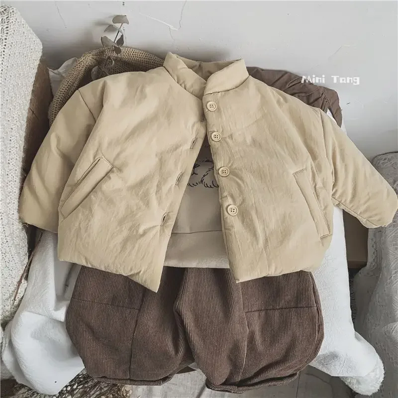 Winter Kids Jacket Thicken Cotton Warm Boys Girls Winter Coat 2023 Solid Color Children Retro Style Outwear Windproof Warm Coat