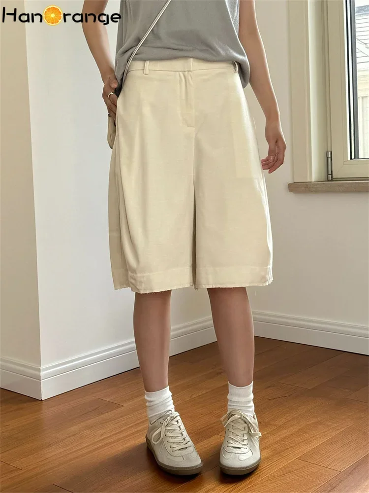 

HanOrange 2025 Summer Minimalist Silhouette Wool Capris women Flexible Bony Loose Fitting Casual Capris White/Black/Gray