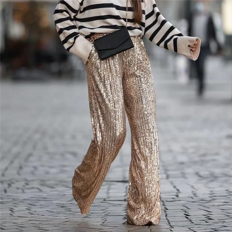 Merodi-Women's Golden Shiny Sequined Long Pants, High Waist, Za Straight, Party, Chic, Sexy, Spring Fashion