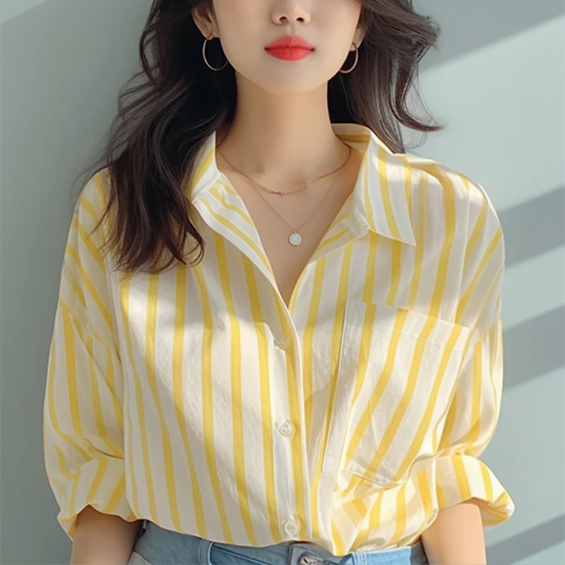

Yellow White Striped Casual Shirt Women Summer Vintage Versatile Contrast Color Single Breasted Tops Chic Turn-Down Collar Shirt