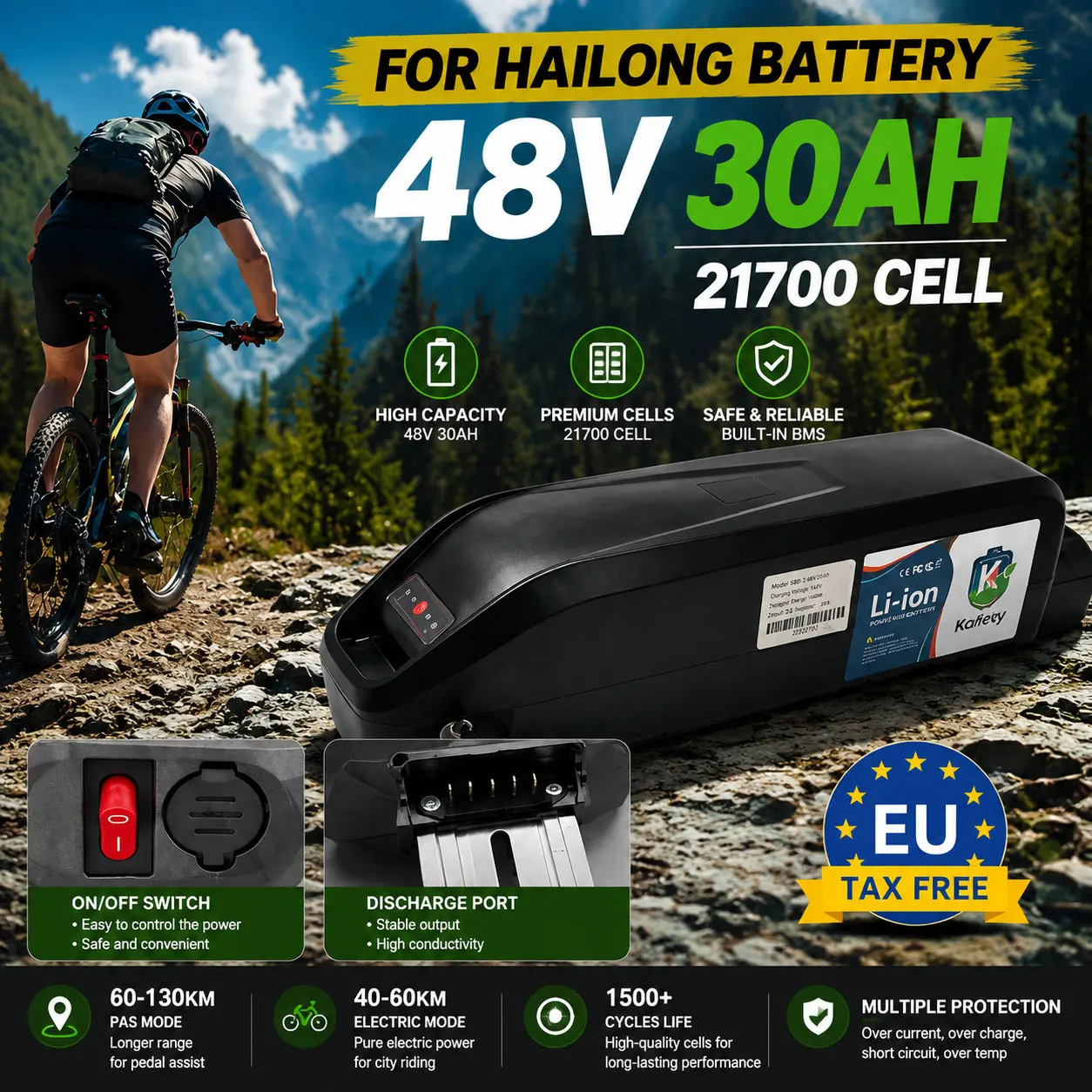 Langstrecken-36V-48V-30AH-Hailong-Ebike-Akku, 21700-Lithiumzellen, max. 40A-50A integriertes BMS, geeignet für 500-1500W Elektroroller.