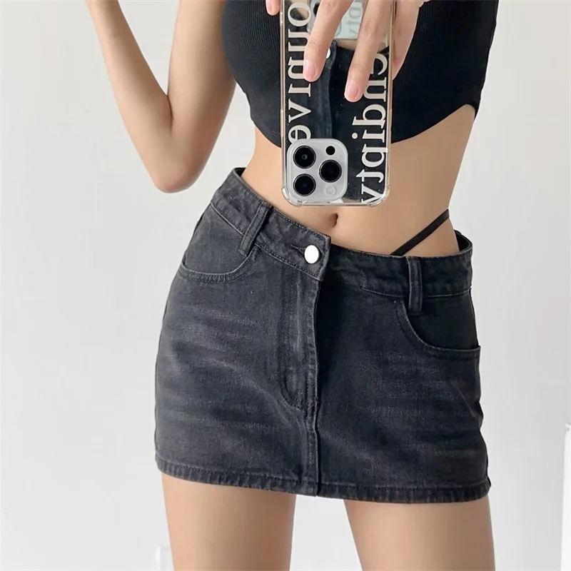 

Fashion Korean Irregular Beveled Low Waist Cordage Denim Short Skirt Women's American Short Half Skirt Streetwear V615