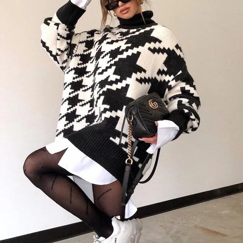 Knitted Houndstooth Pullover Sweater Spring Winter S-XL Cotton Women Turtleneck Casual  Long Sleeve Oversized Loose Jumpers Tops