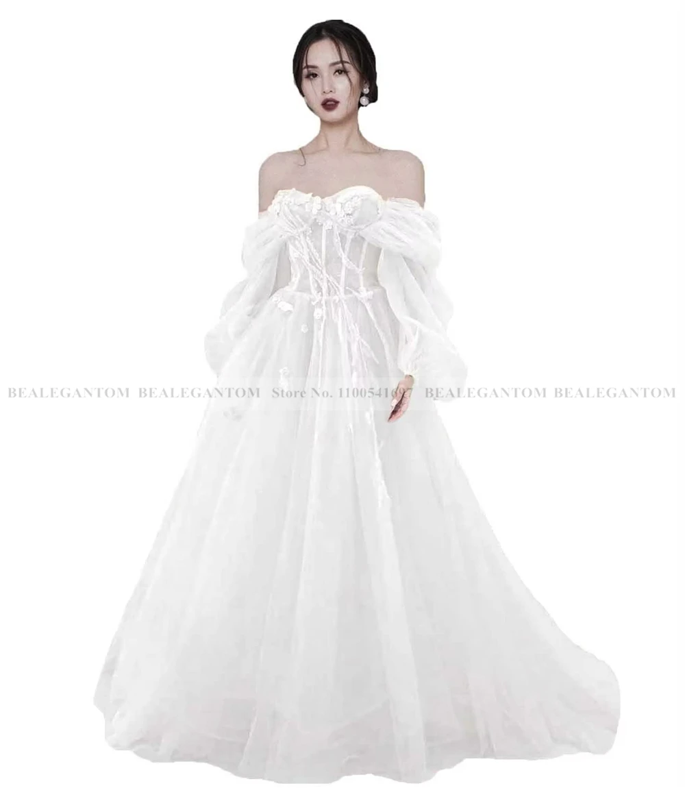 Bealegantom Sexy Bohemia Off Shoulder Prom Dresses Tulle Long Sleeves Formal Occasion Evening Party Gown Robes De Soiree QA205