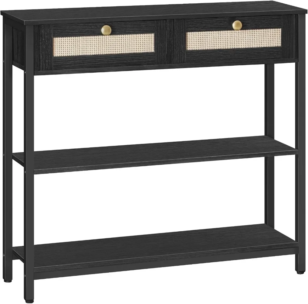 Rattan-Like Narrow Console Table with 2 Drawers, 31.5-Inch Sofa Table with Storage, for Hallway and Foyer