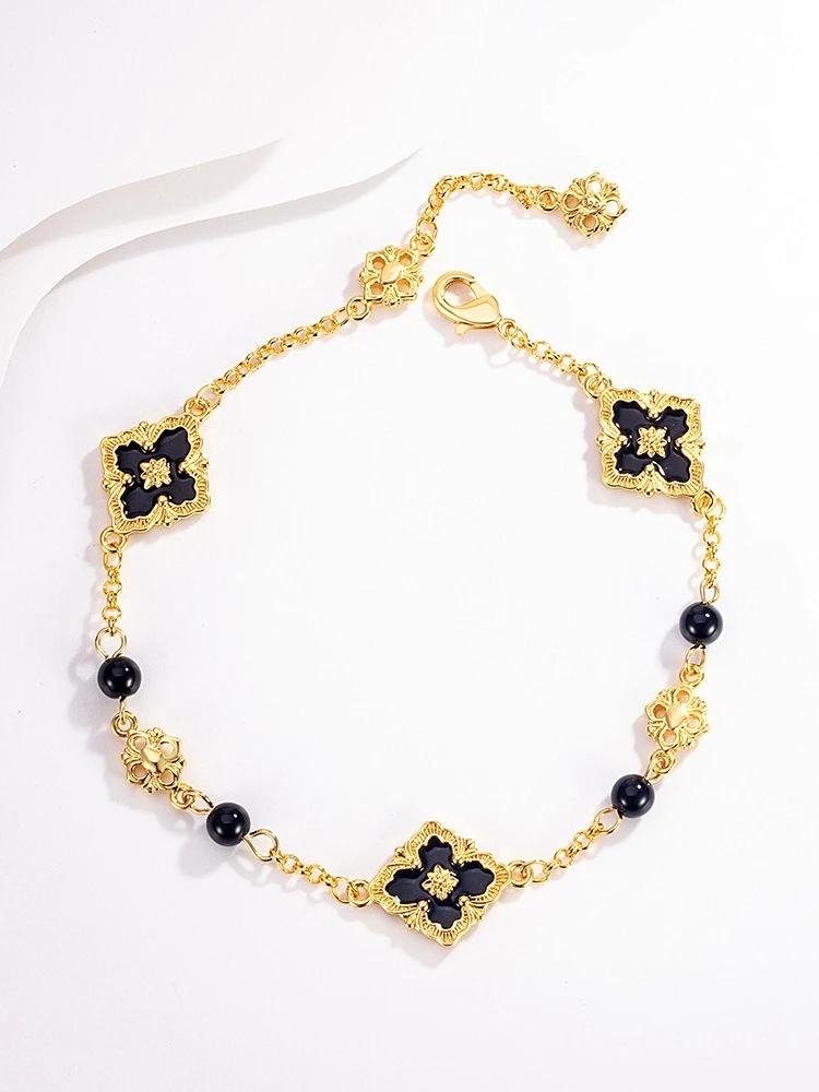 Black Agate Bracelet Four Leaf Clover Women's Retro Niche Black Enamel Versatile Handmade