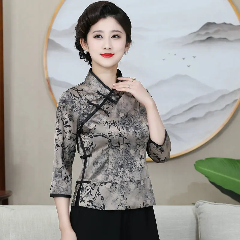 Tunique de style Cheongsam pour femme, imprimé floral, col mandarin, trois quarts, zhuang plus riche, financièrement, rouge ingent, manches Y, 2024