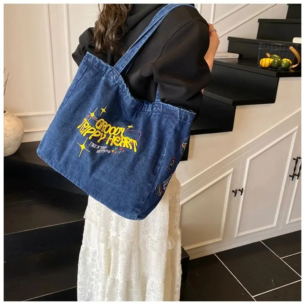 

Street Style Denim Canvas Bag Large Capacity Shopping Bag American Vintage Handbag Mommy Bag Tote Bag