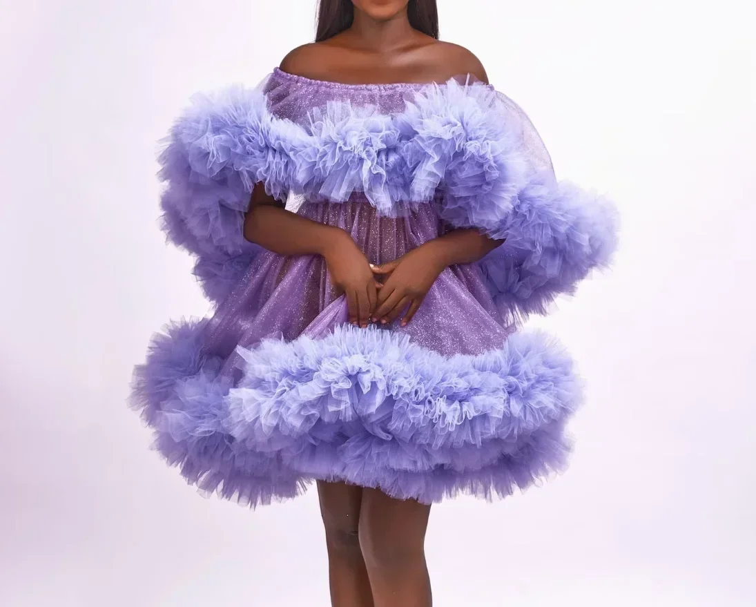 Gaun pesta Ruffle berlapis Shimmer kostum Tulle tipis untuk anak perempuan pesta gaun Burlesque tarik untuk bahu bungkus gaun untuk wanita gaun jubah bolero