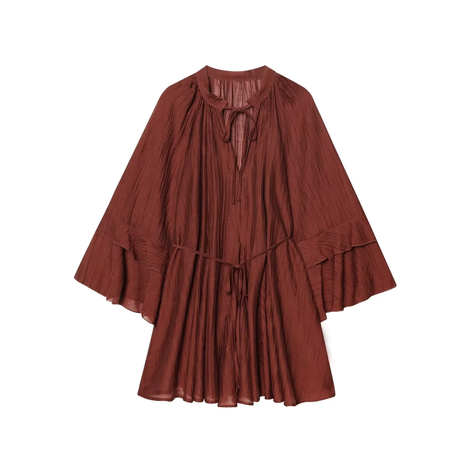 

BM&MD&ZA Women's Casual Loose Elegant V - Neck Long - Sleeved Layered Ruffled Mini Belted Dress Lightweight Slightly Sheer
